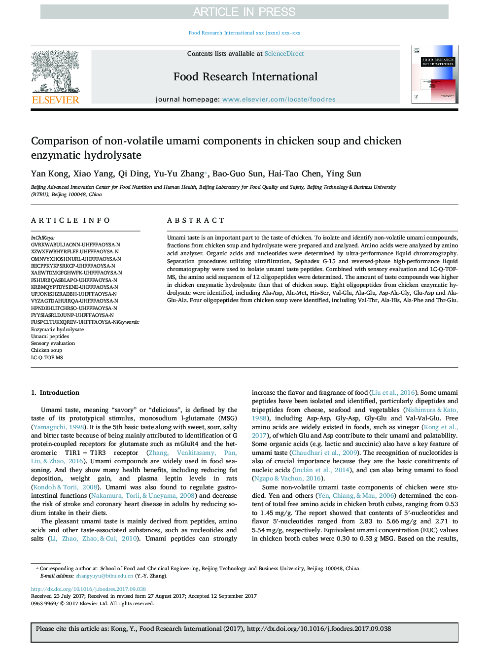 Comparison of non-volatile umami components in chicken soup and chicken enzymatic hydrolysate