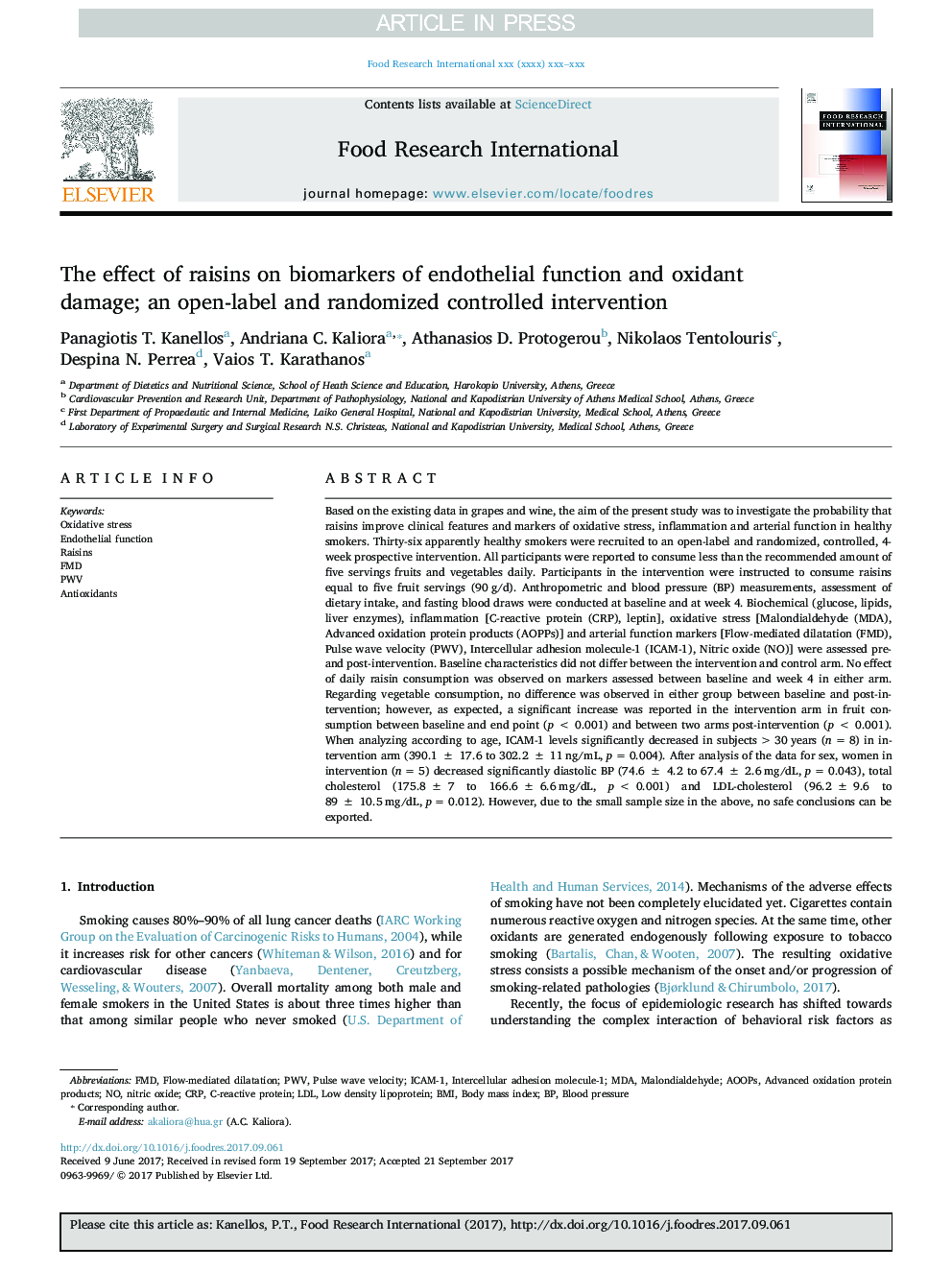 The effect of raisins on biomarkers of endothelial function and oxidant damage; an open-label and randomized controlled intervention