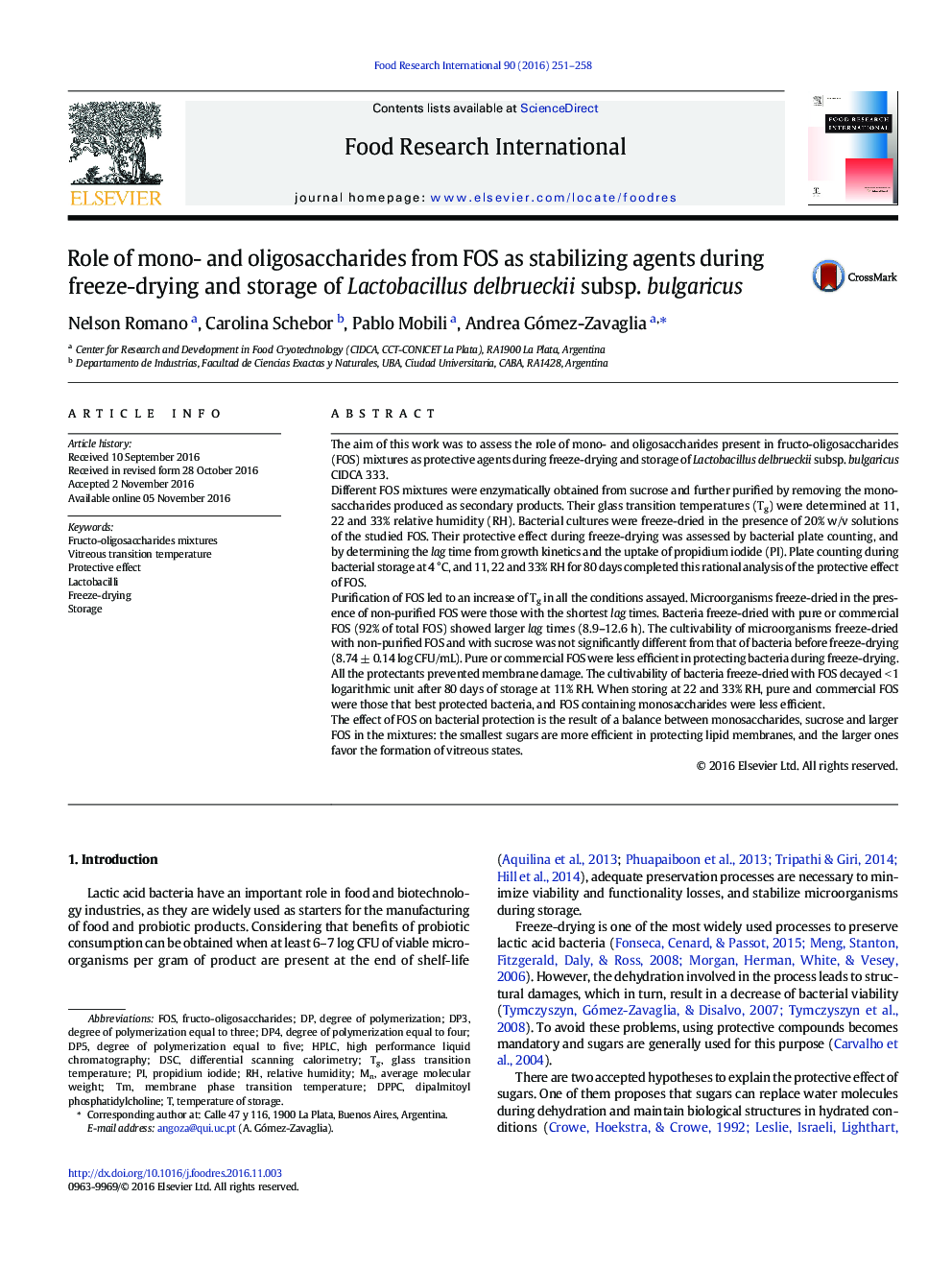 Role of mono- and oligosaccharides from FOS as stabilizing agents during freeze-drying and storage of Lactobacillus delbrueckii subsp. bulgaricus