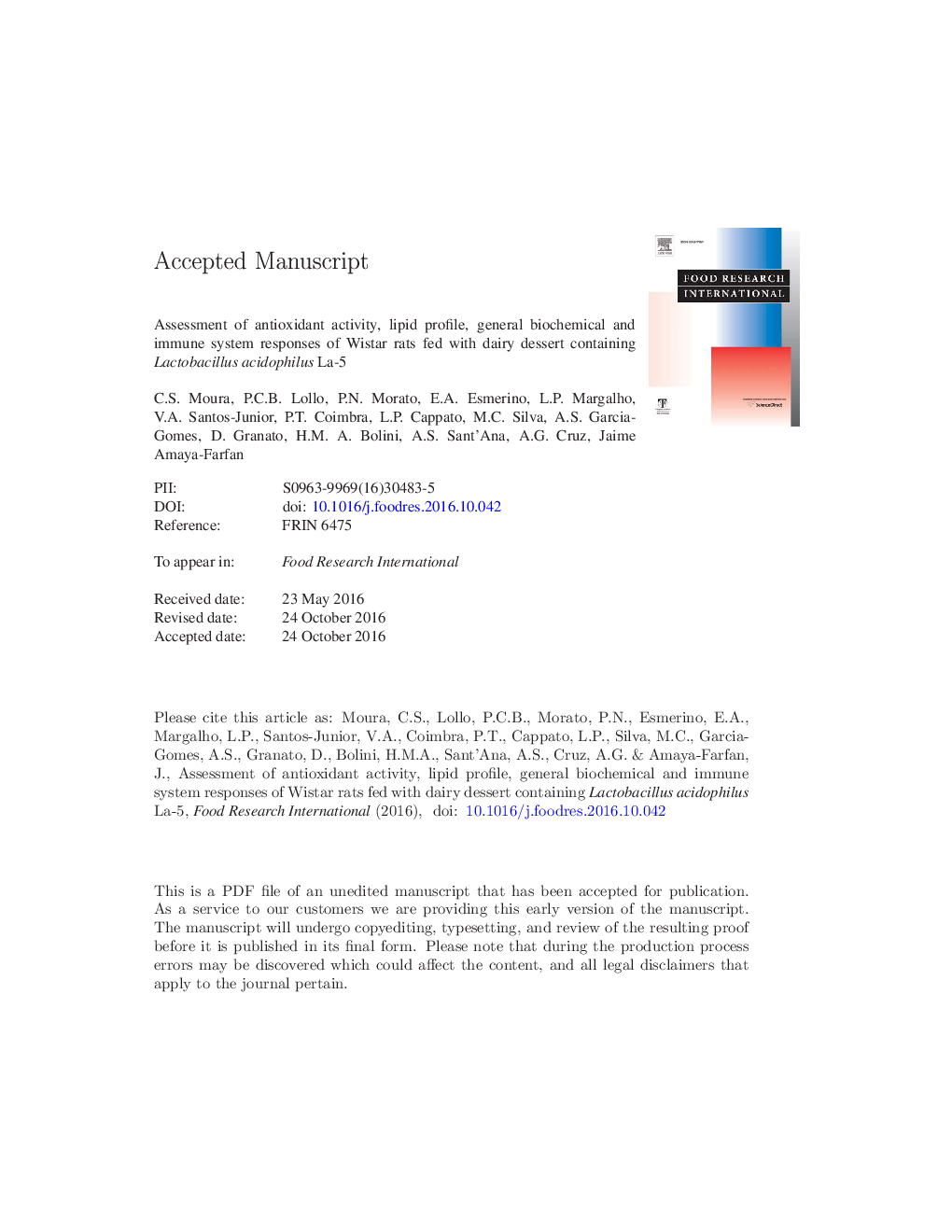 Assessment of antioxidant activity, lipid profile, general biochemical and immune system responses of Wistar rats fed with dairy dessert containing Lactobacillus acidophilus La-5