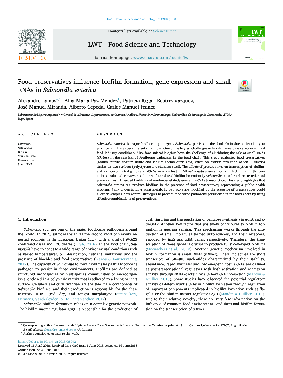 Food preservatives influence biofilm formation, gene expression and small RNAs in Salmonella enterica