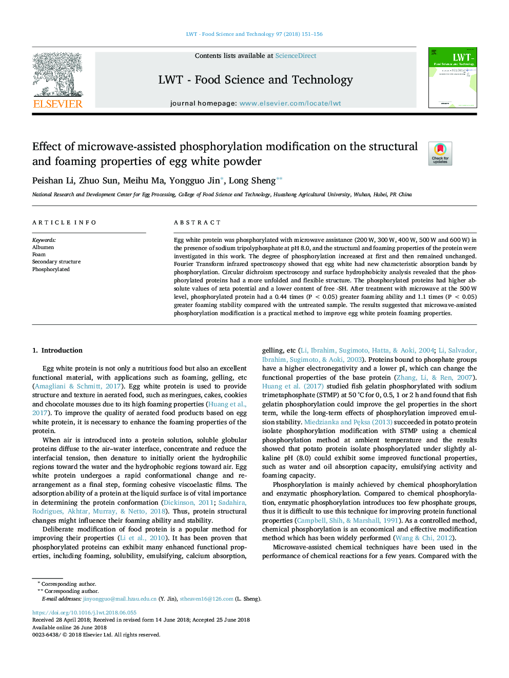 Effect of microwave-assisted phosphorylation modification on the structural and foaming properties of egg white powder