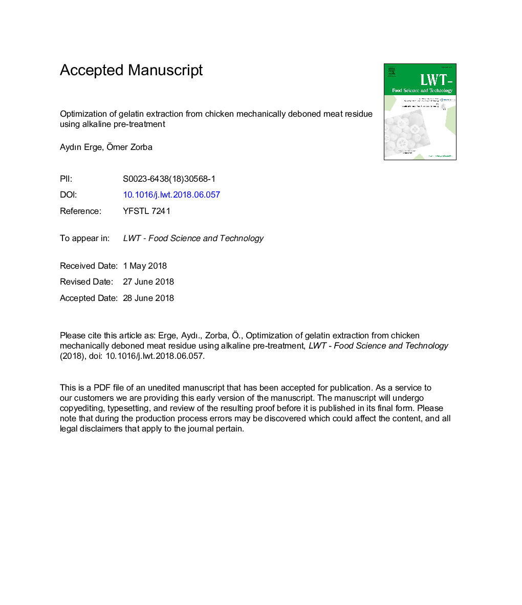 Optimization of gelatin extraction from chicken mechanically deboned meat residue using alkaline pre-treatment