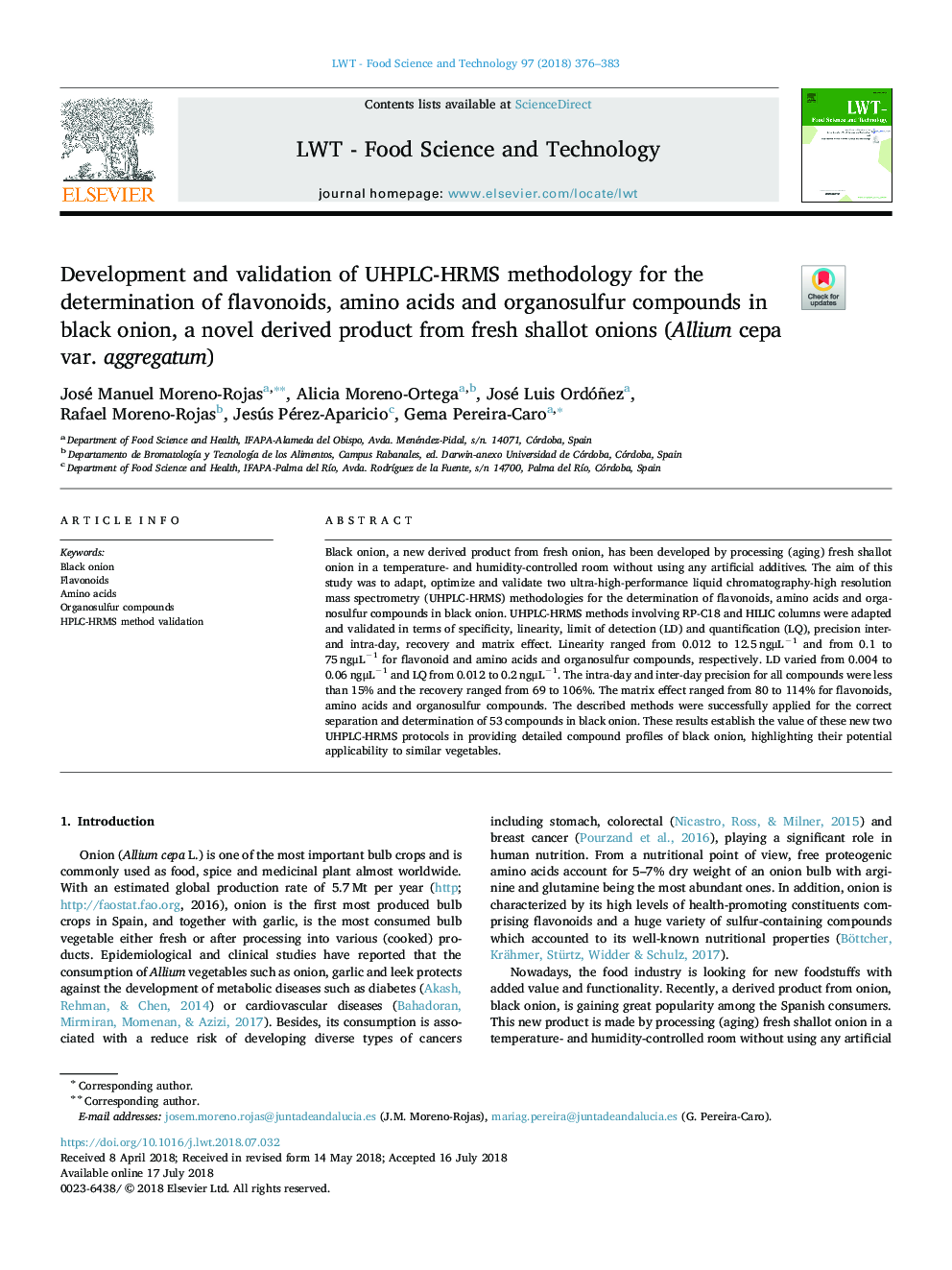 Development and validation of UHPLC-HRMS methodology for the determination of flavonoids, amino acids and organosulfur compounds in black onion, a novel derived product from fresh shallot onions (Allium cepa var. aggregatum)