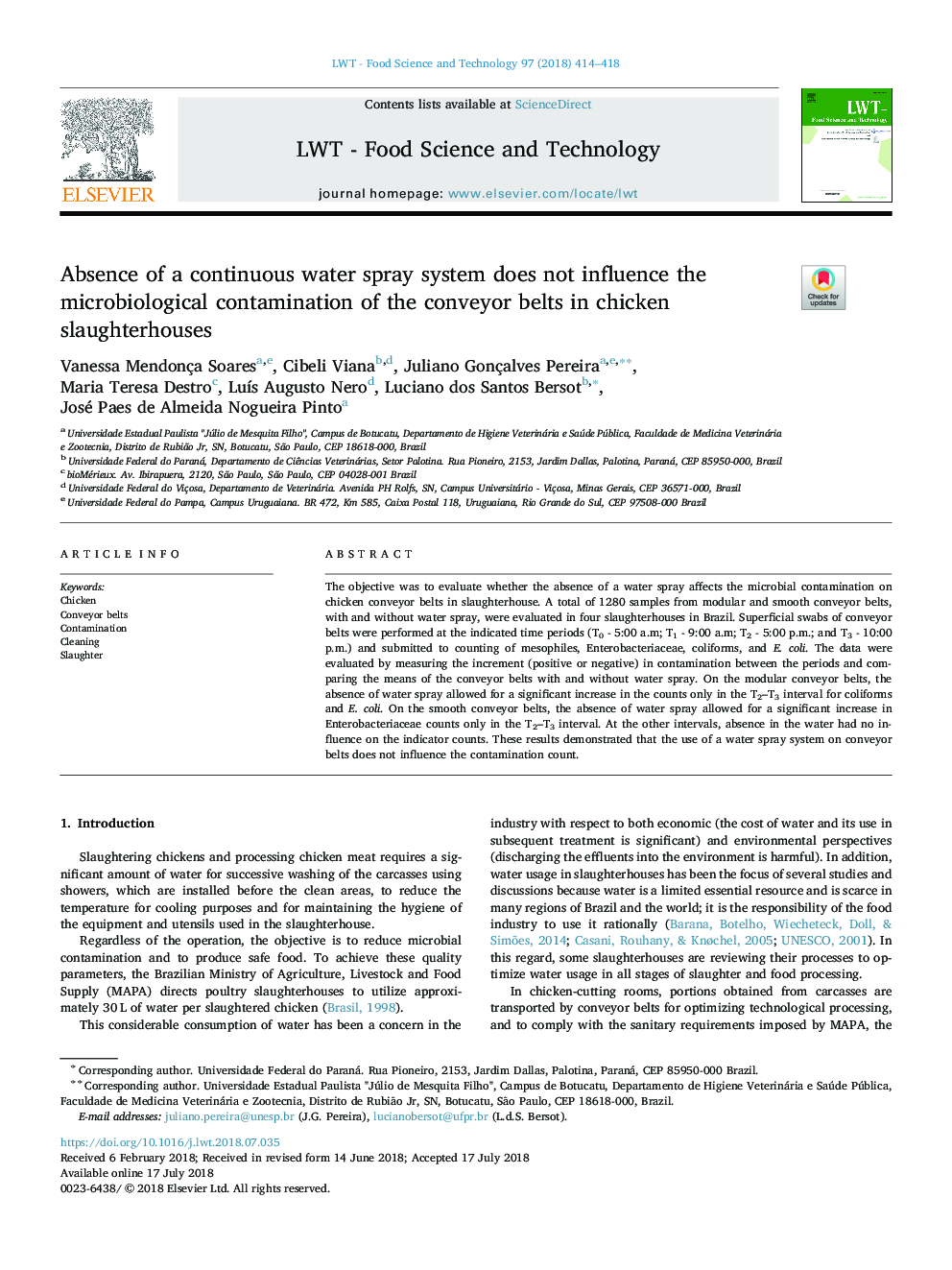 Absence of a continuous water spray system does not influence the microbiological contamination of the conveyor belts in chicken slaughterhouses