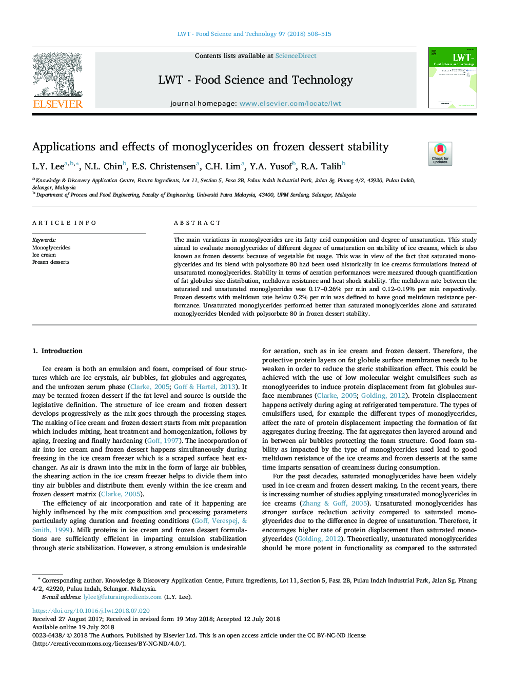 Applications and effects of monoglycerides on frozen dessert stability