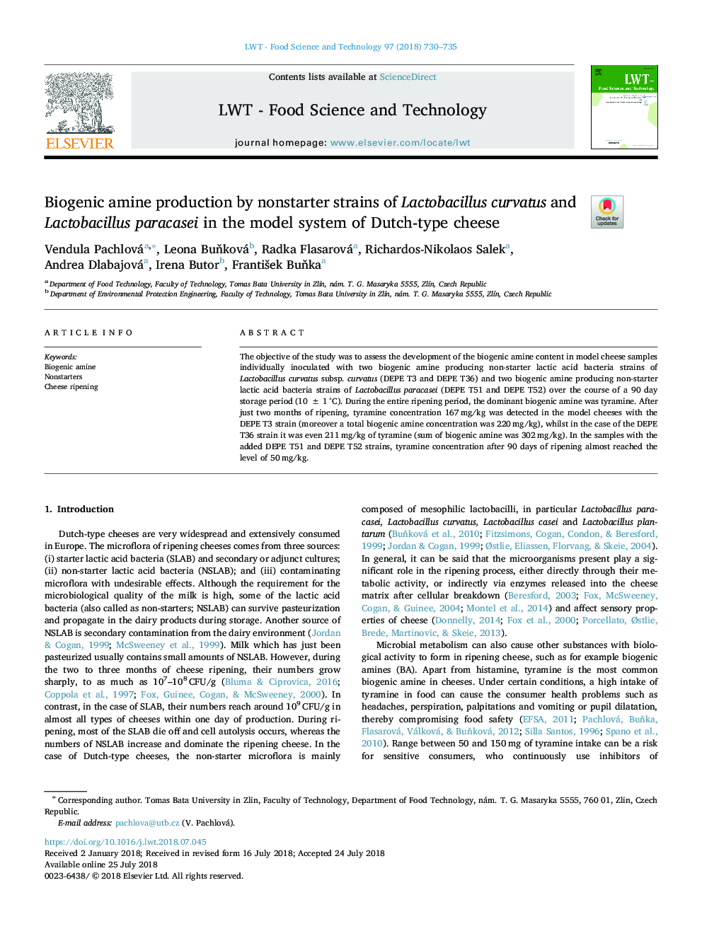 Biogenic amine production by nonstarter strains of Lactobacillus curvatus and Lactobacillus paracasei in the model system of Dutch-type cheese