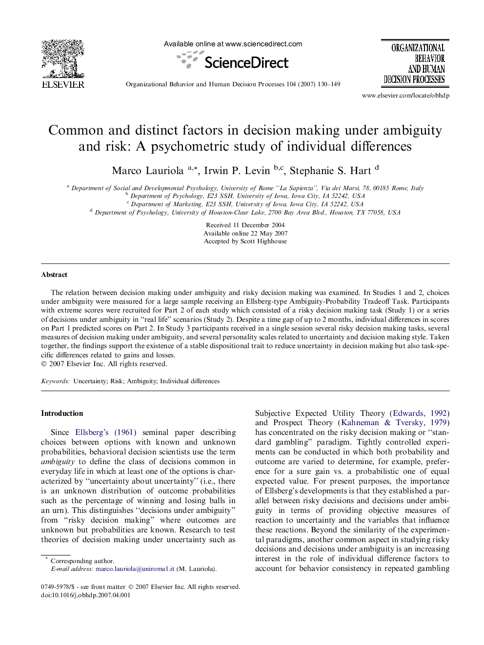 Common and distinct factors in decision making under ambiguity and risk: A psychometric study of individual differences