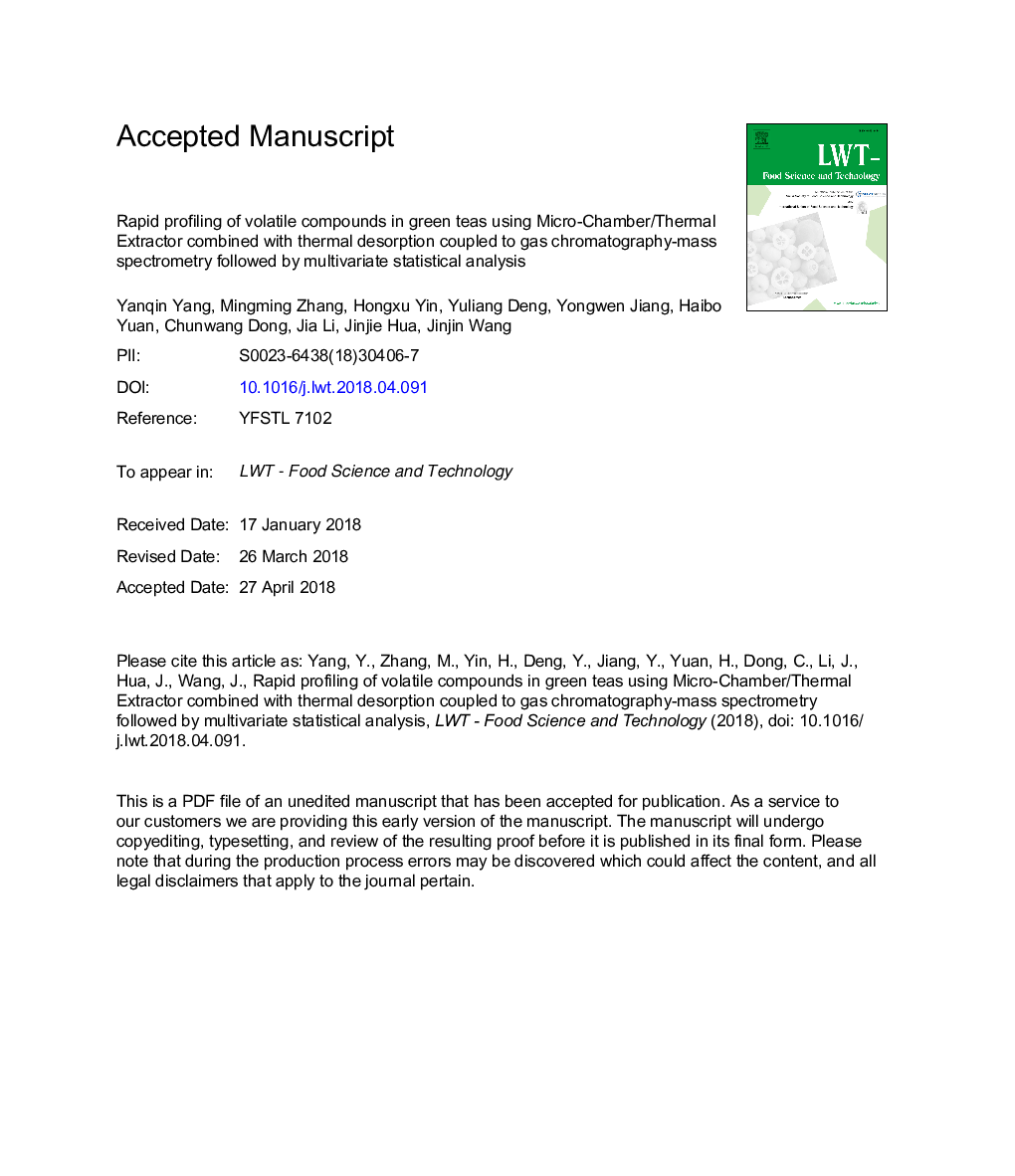 Rapid profiling of volatile compounds in green teas using Micro-Chamber/Thermal Extractor combined with thermal desorption coupled to gas chromatography-mass spectrometry followed by multivariate statistical analysis