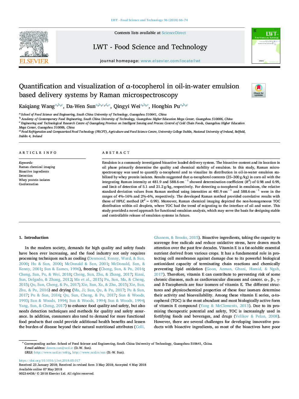 Quantification and visualization of Î±-tocopherol in oil-in-water emulsion based delivery systems by Raman microspectroscopy