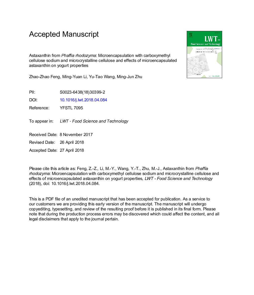 عکس صفحه اول مقاله: Astaxanthin from Phaffia rhodozyma: Microencapsulation with carboxymethyl cellulose sodium and microcrystalline cellulose and effects of microencapsulated astaxanthin on yogurt properties Astaxanthin from Phaffia rhodozyma: Microencapsulation with carboxymethyl cellulose sodium and microcrystalline cellulose and effects of microencapsulated astaxanthin on yogurt properties