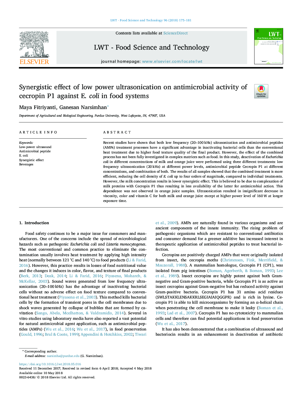 Synergistic effect of low power ultrasonication on antimicrobial activity of cecropin P1 against E. coli in food systems