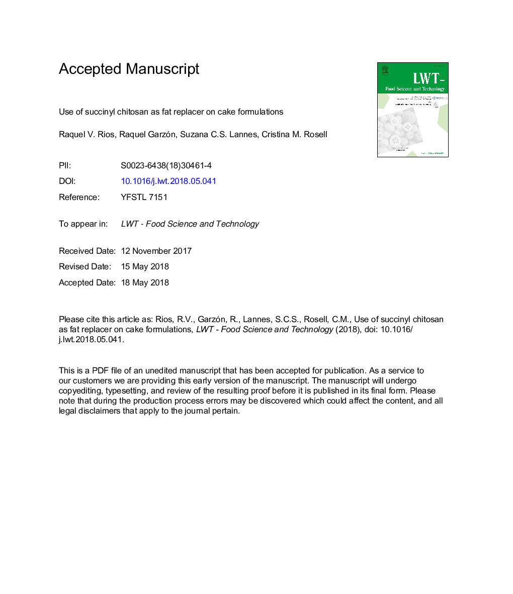 Use of succinyl chitosan as fat replacer on cake formulations