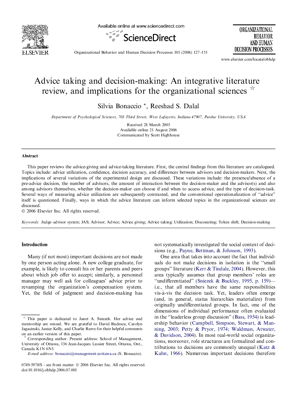 Advice taking and decision-making: An integrative literature review, and implications for the organizational sciences 