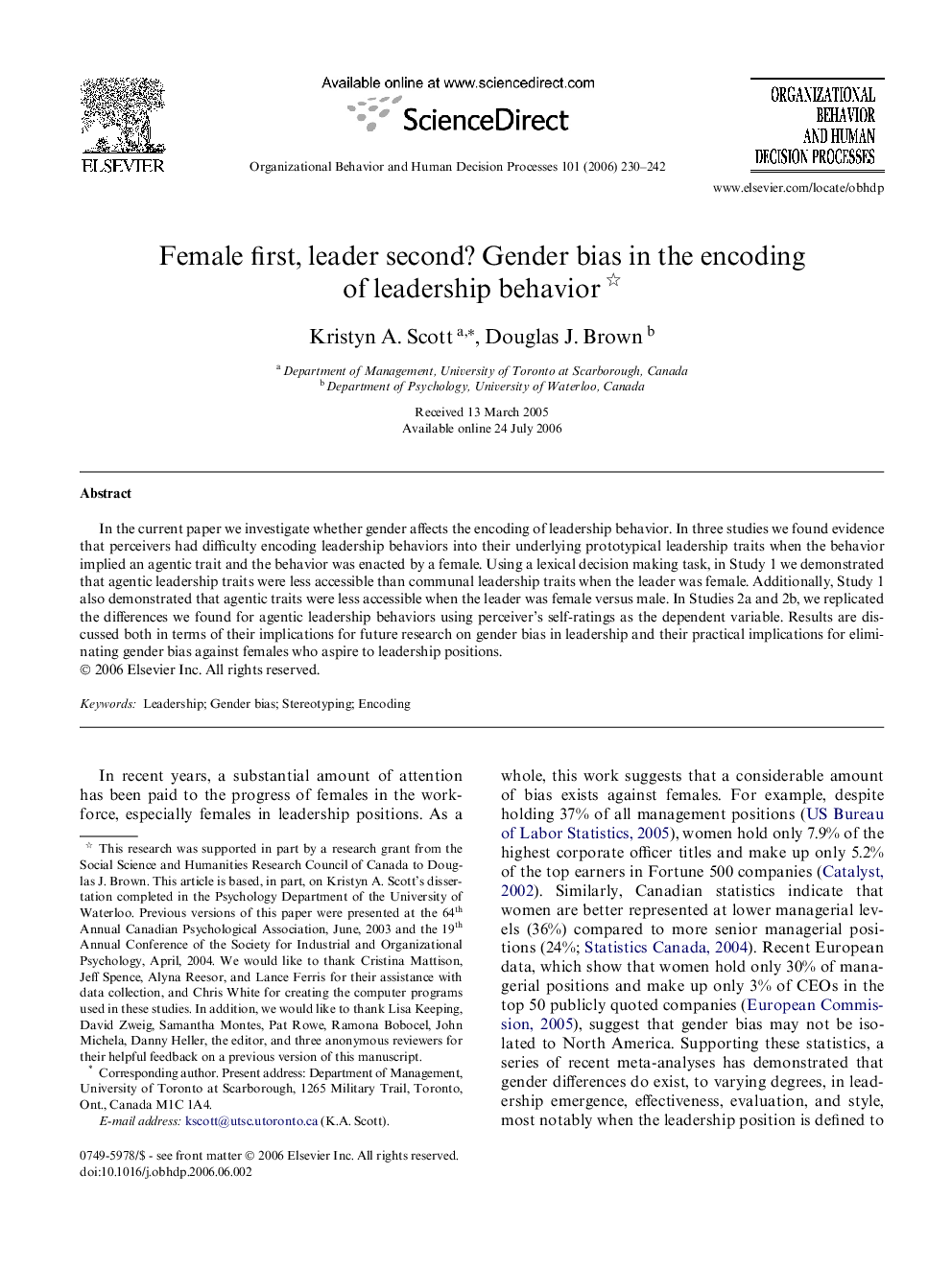 Female first, leader second? Gender bias in the encoding of leadership behavior 