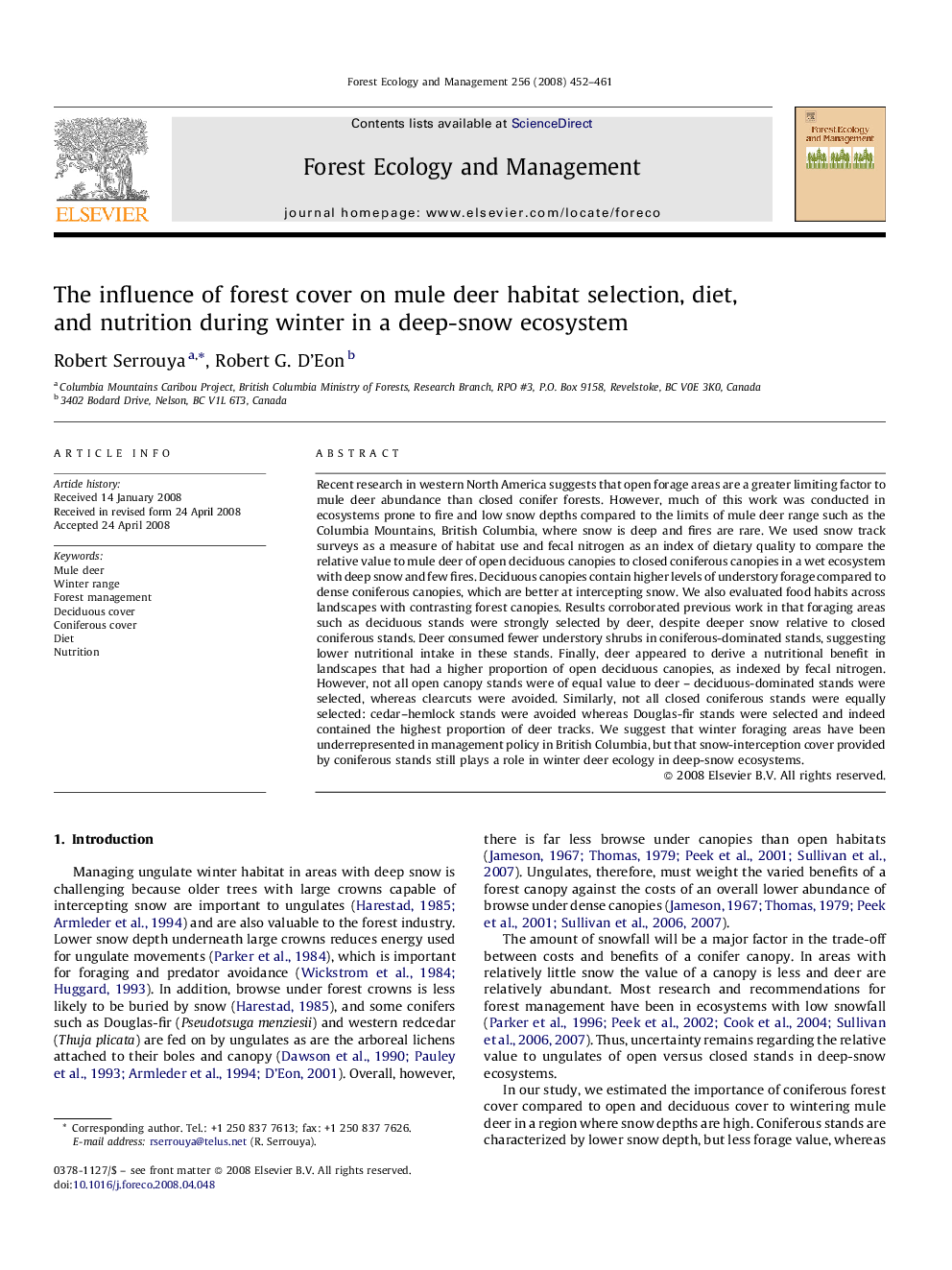 The influence of forest cover on mule deer habitat selection, diet, and nutrition during winter in a deep-snow ecosystem