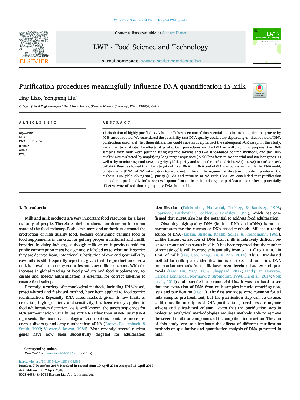 Purification procedures meaningfully influence DNA quantification in milk