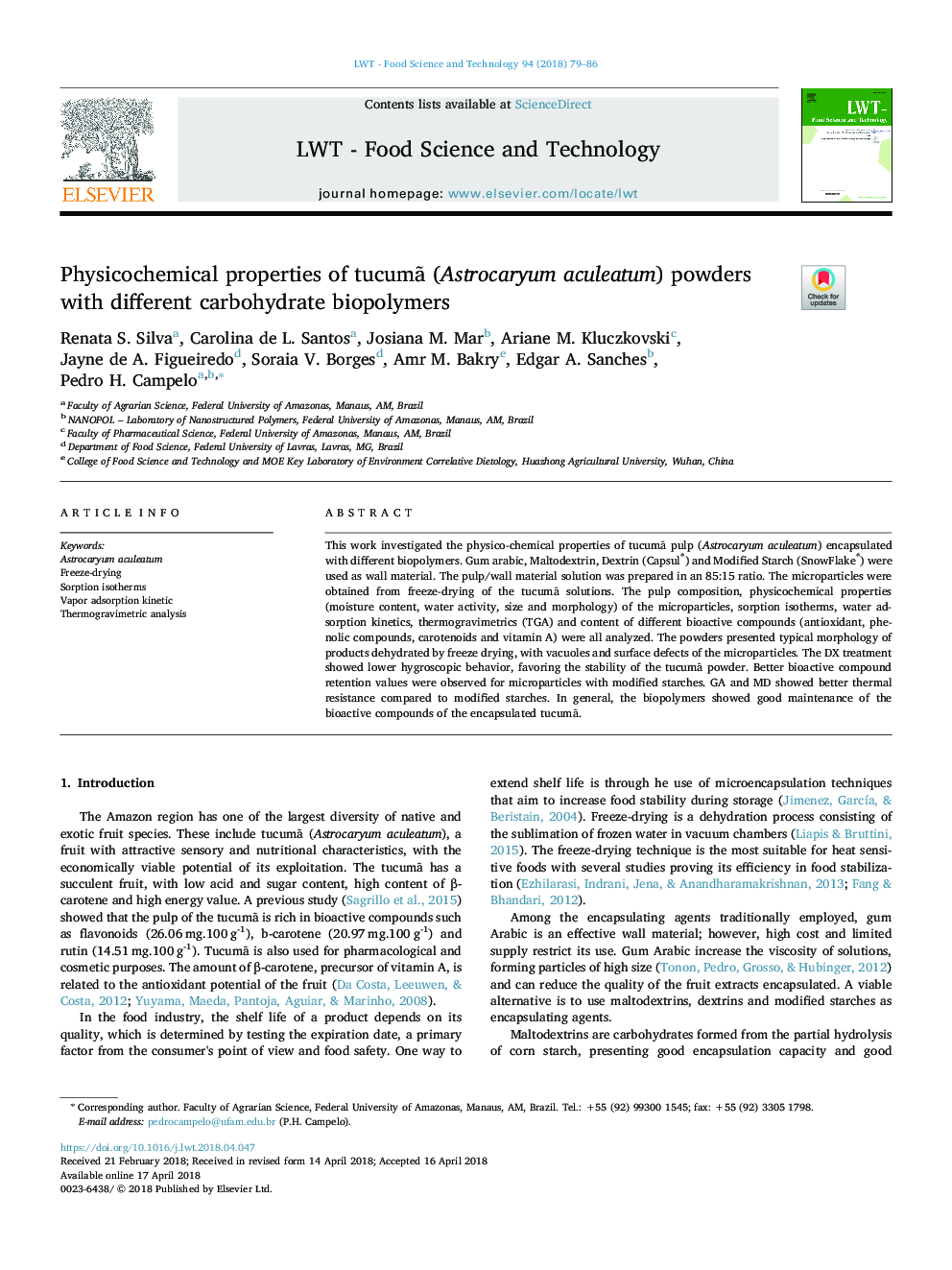 Physicochemical properties of tucumÃ£ (Astrocaryum aculeatum) powders with different carbohydrate biopolymers