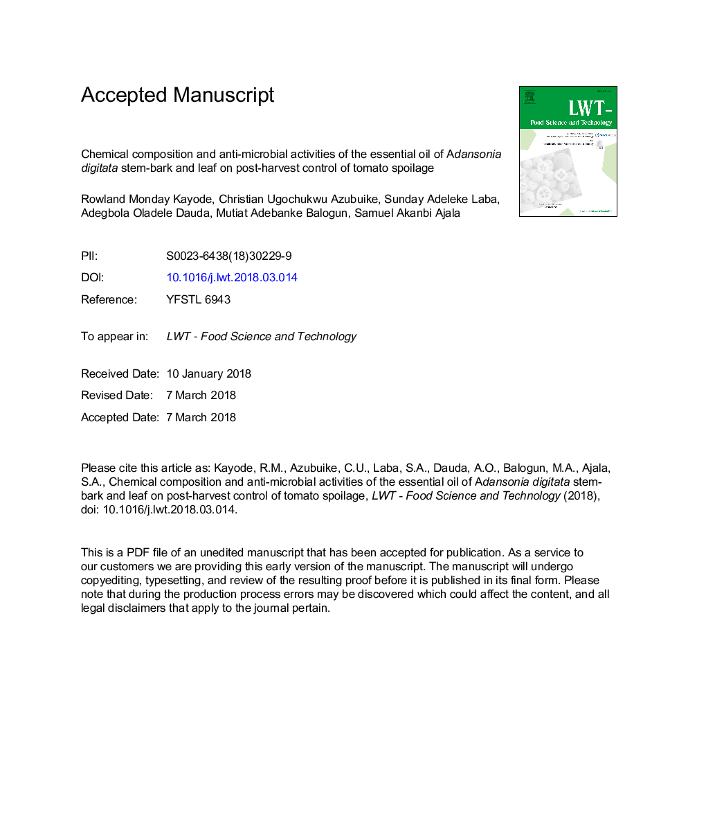 Chemical composition and anti-microbial activities of the essential oil of Adansonia digitata stem-bark and leaf on post-harvest control of tomato spoilage
