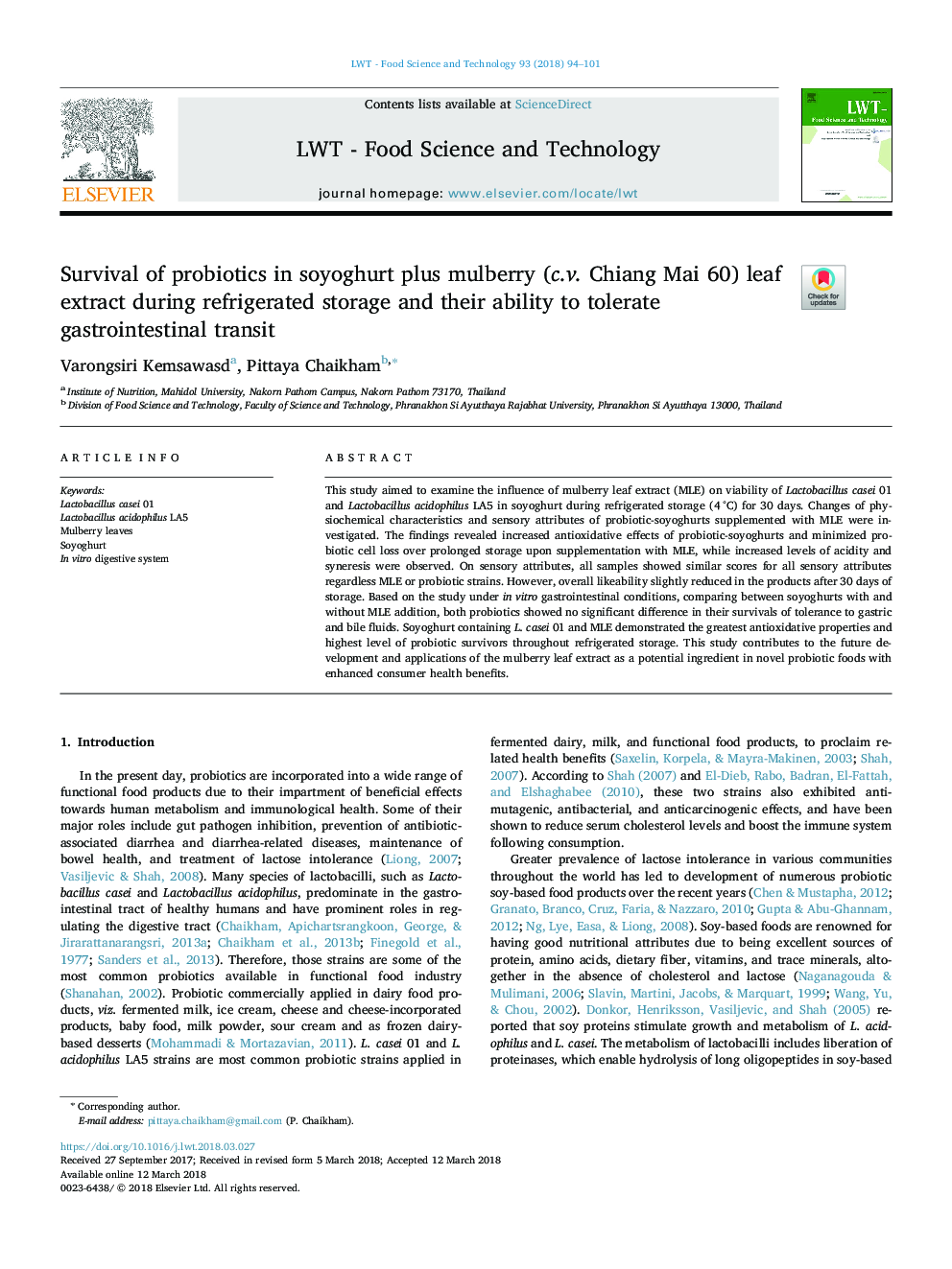 Survival of probiotics in soyoghurt plus mulberry (c.v. Chiang Mai 60) leaf extract during refrigerated storage and their ability to tolerate gastrointestinal transit