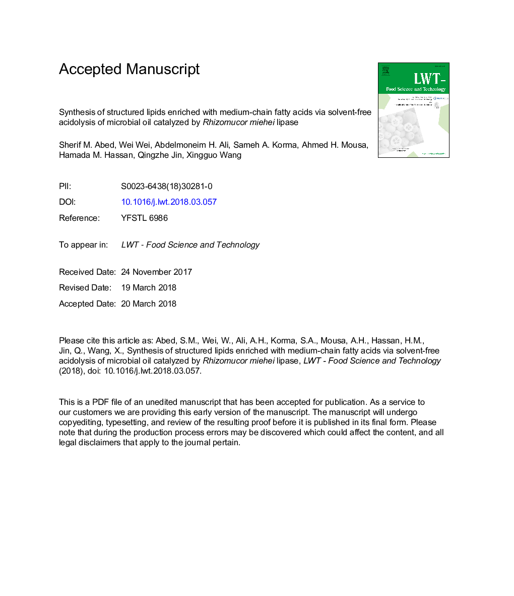 Synthesis of structured lipids enriched with medium-chain fatty acids via solvent-free acidolysis of microbial oil catalyzed by Rhizomucor miehei lipase