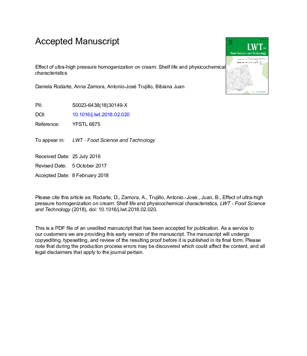 Effect of ultra-high pressure homogenization on cream: Shelf life and physicochemical characteristics