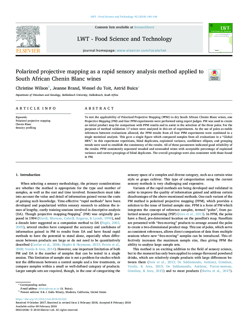 Polarized projective mapping as a rapid sensory analysis method applied to South African Chenin Blanc wines