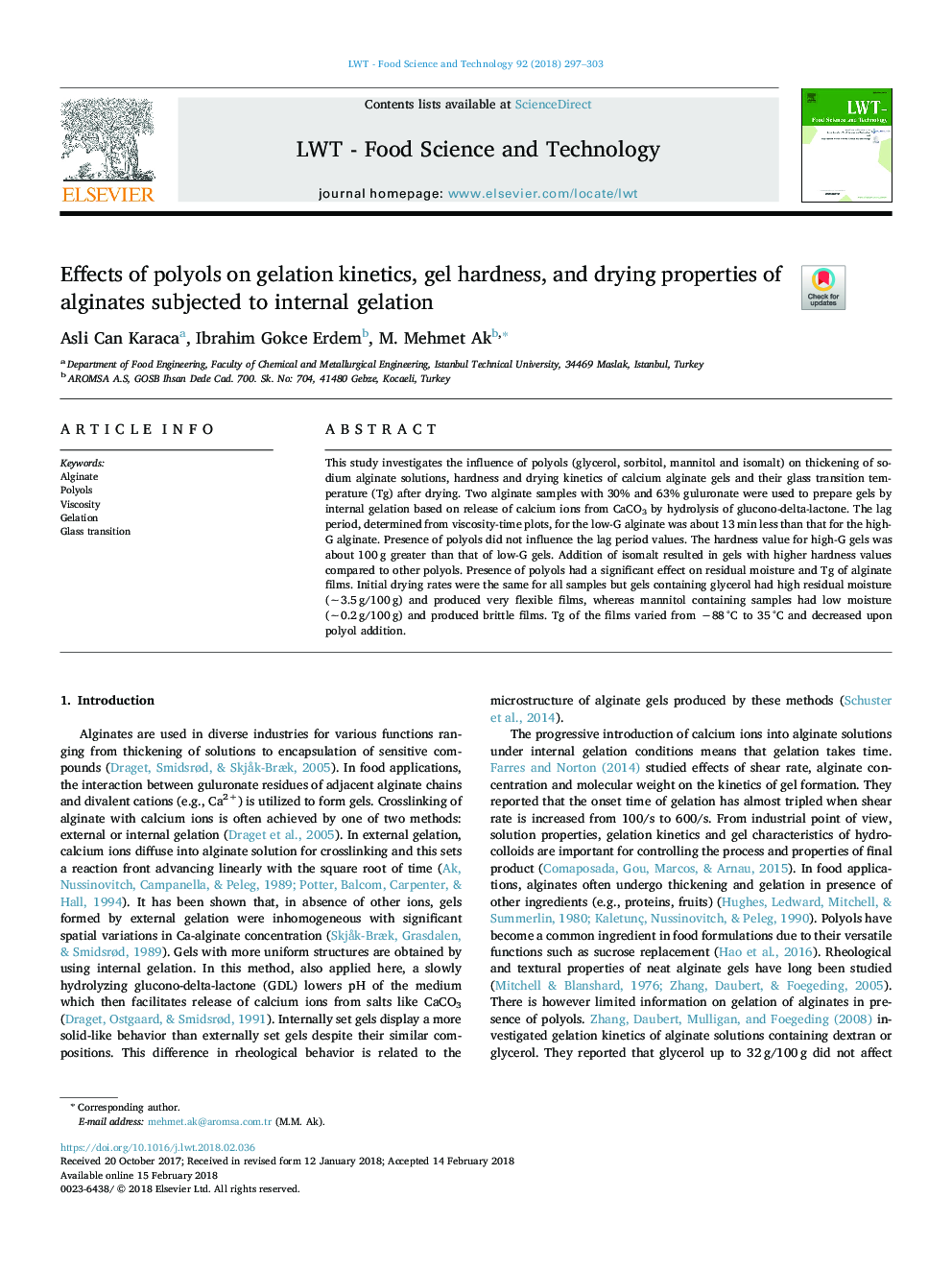 Effects of polyols on gelation kinetics, gel hardness, and drying properties of alginates subjected to internal gelation