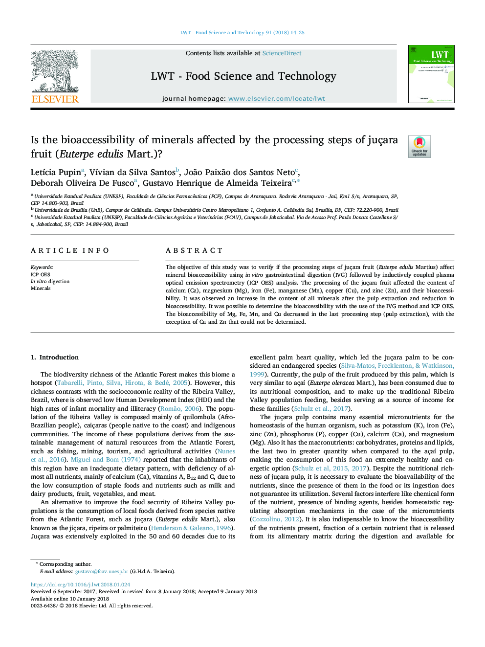 Is the bioaccessibility of minerals affected by the processing steps of juçara fruit (Euterpe edulis Mart.)?