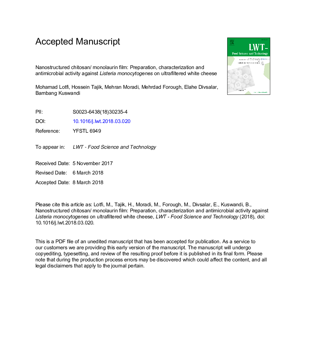 Nanostructured chitosan/ monolaurin film: Preparation, characterization and antimicrobial activity against Listeria monocytogenes on ultrafiltered white cheese