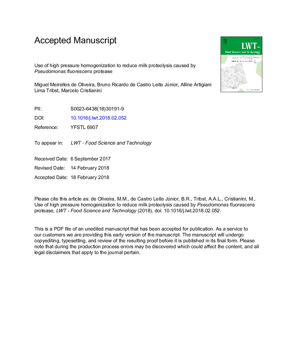 Use of high pressure homogenization to reduce milk proteolysis caused by Pseudomonas fluorescens protease