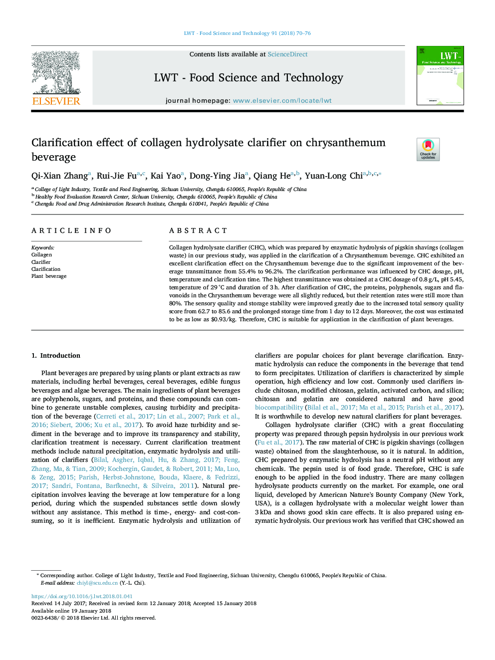 Clarification effect of collagen hydrolysate clarifier on chrysanthemum beverage