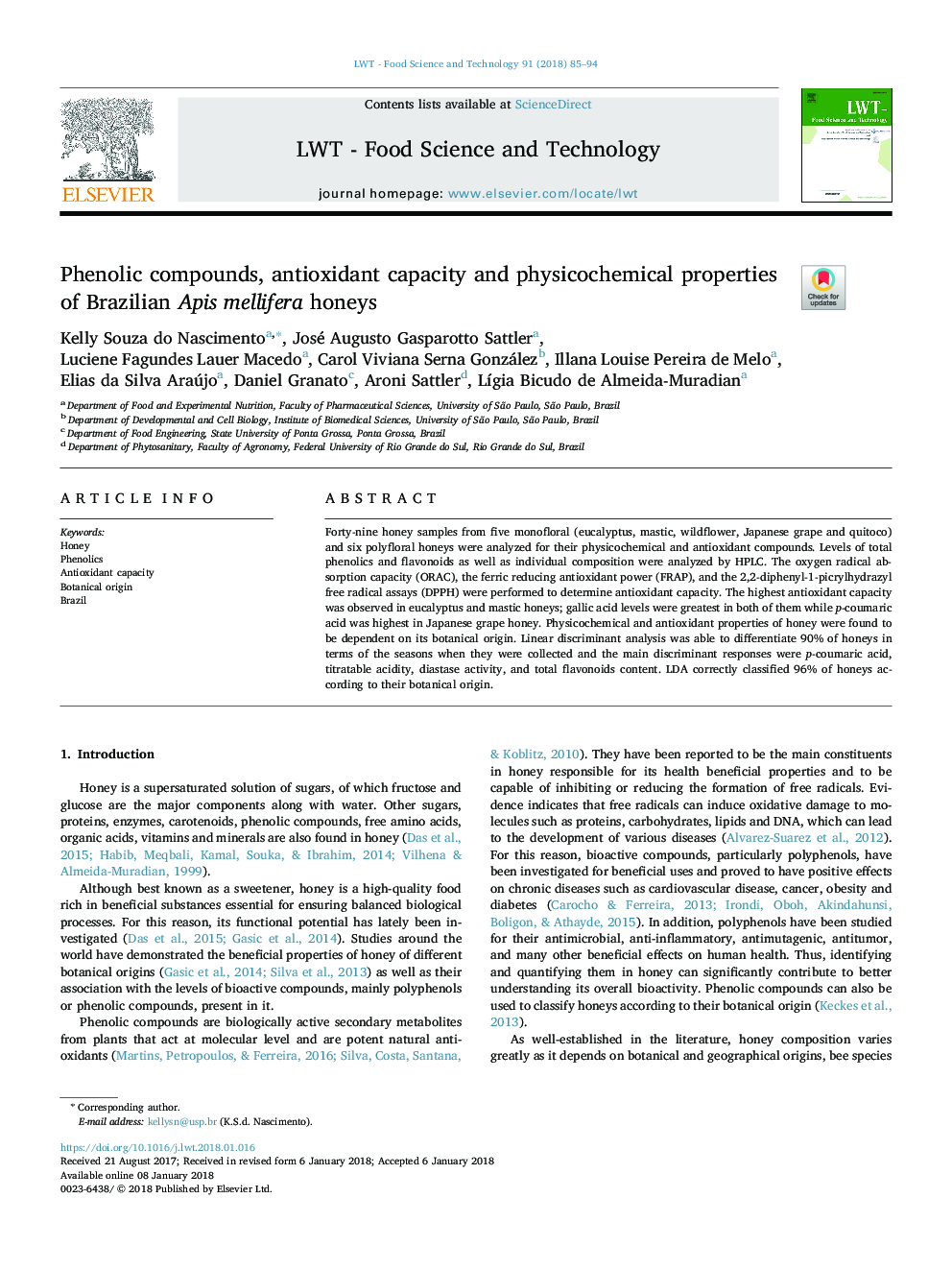 Phenolic compounds, antioxidant capacity and physicochemical properties of Brazilian Apis mellifera honeys