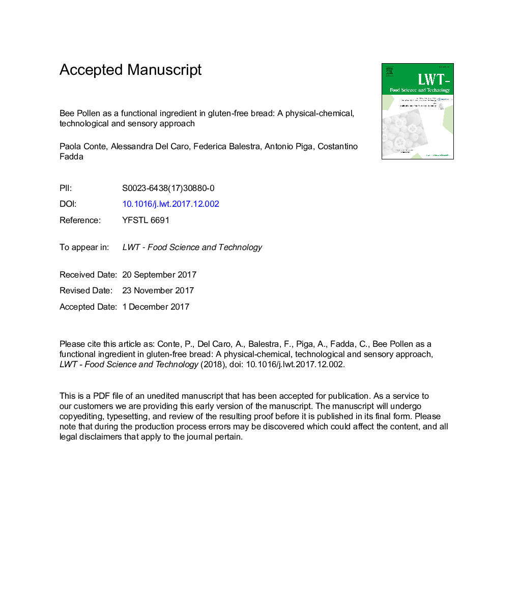 Bee pollen as a functional ingredient in gluten-free bread: A physical-chemical, technological and sensory approach