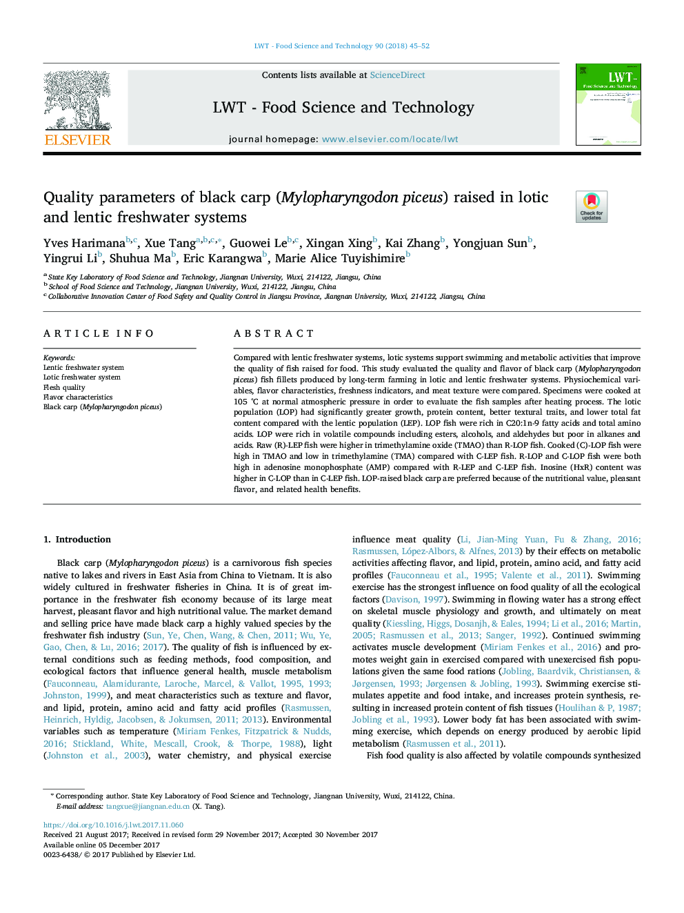 Quality parameters of black carp (Mylopharyngodon piceus) raised in lotic and lentic freshwater systems