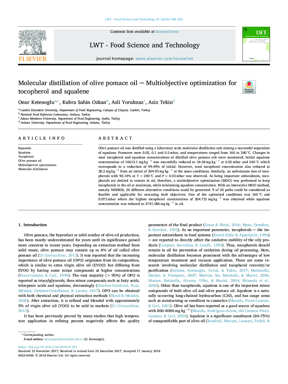 Molecular distillation of olive pomace oil â Multiobjective optimization for tocopherol and squalene