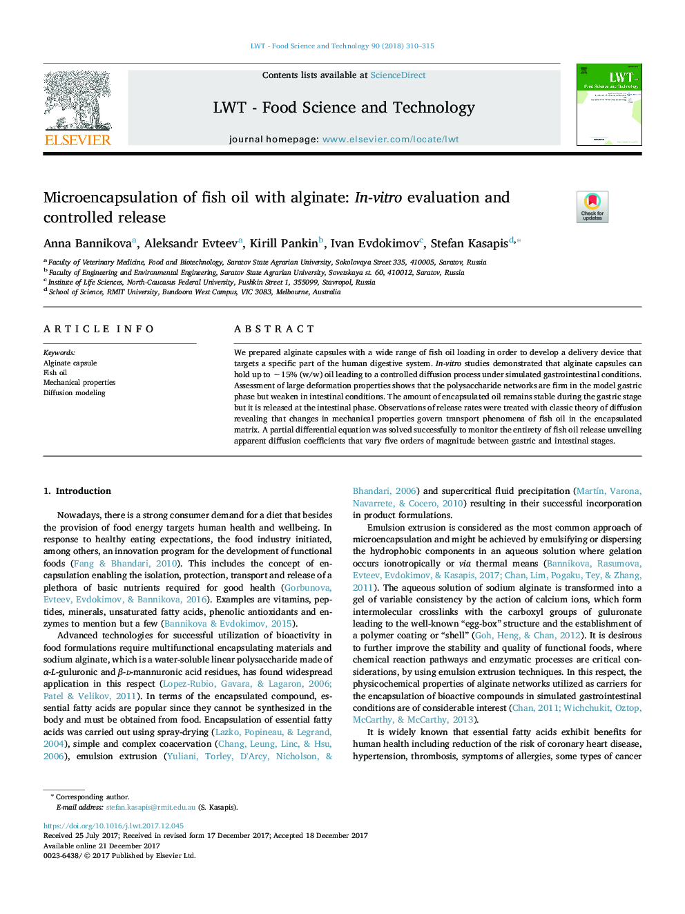 Microencapsulation of fish oil with alginate: In-vitro evaluation and controlled release