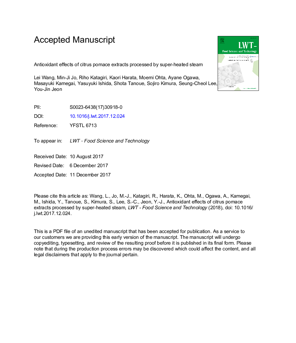 Antioxidant effects of citrus pomace extracts processed by super-heated steam