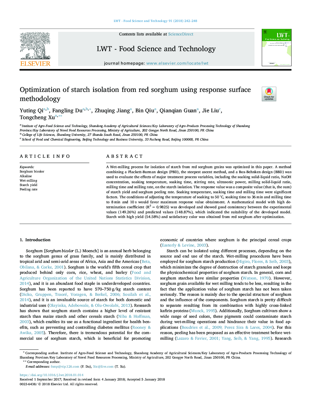 Optimization of starch isolation from red sorghum using response surface methodology