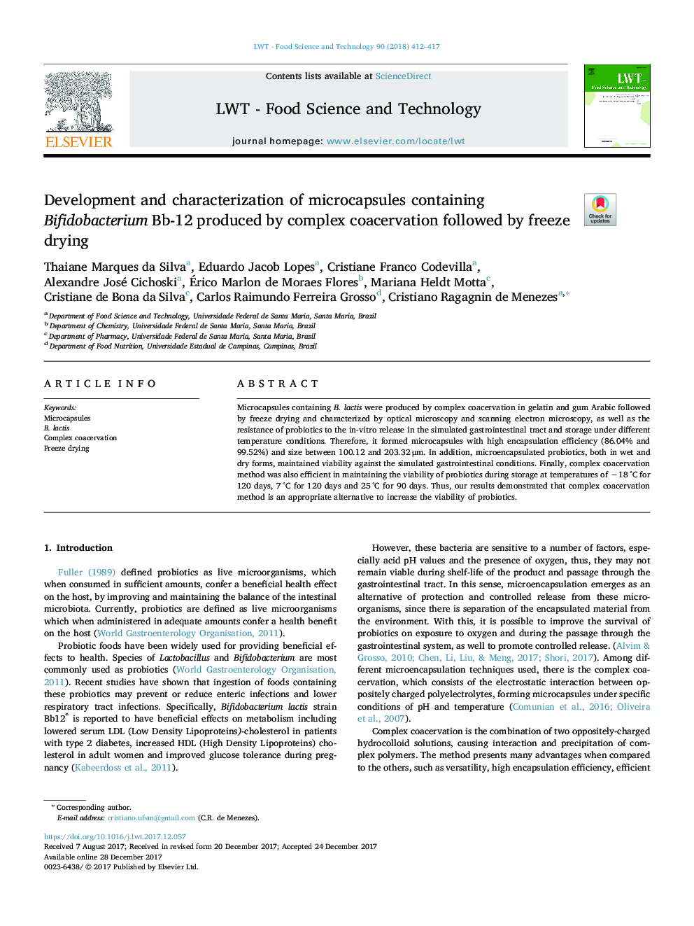 Development and characterization of microcapsules containing Bifidobacterium Bb-12 produced by complex coacervation followed by freeze drying