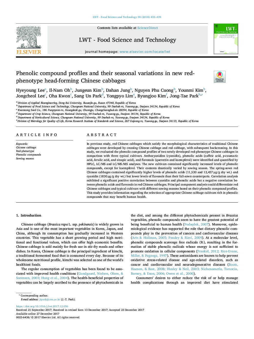 Phenolic compound profiles and their seasonal variations in new red-phenotype head-forming Chinese cabbages