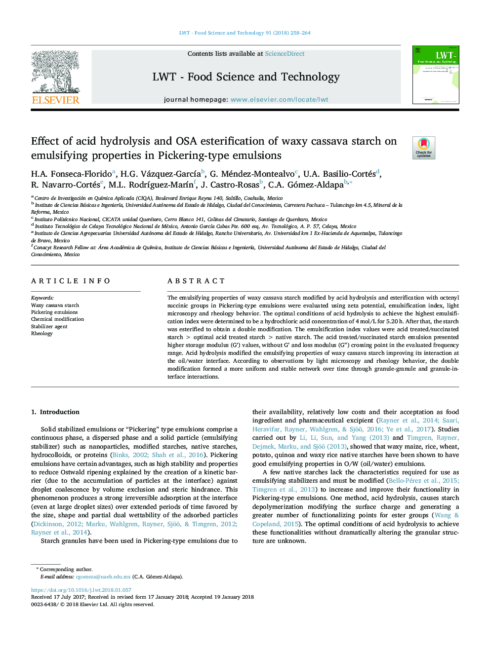 Effect of acid hydrolysis and OSA esterification of waxy cassava starch on emulsifying properties in Pickering-type emulsions