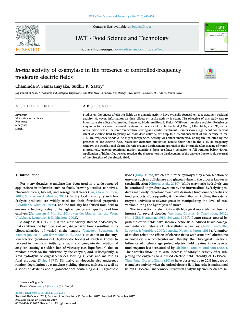 In-situ activity of Î±-amylase in the presence of controlled-frequency moderate electric fields