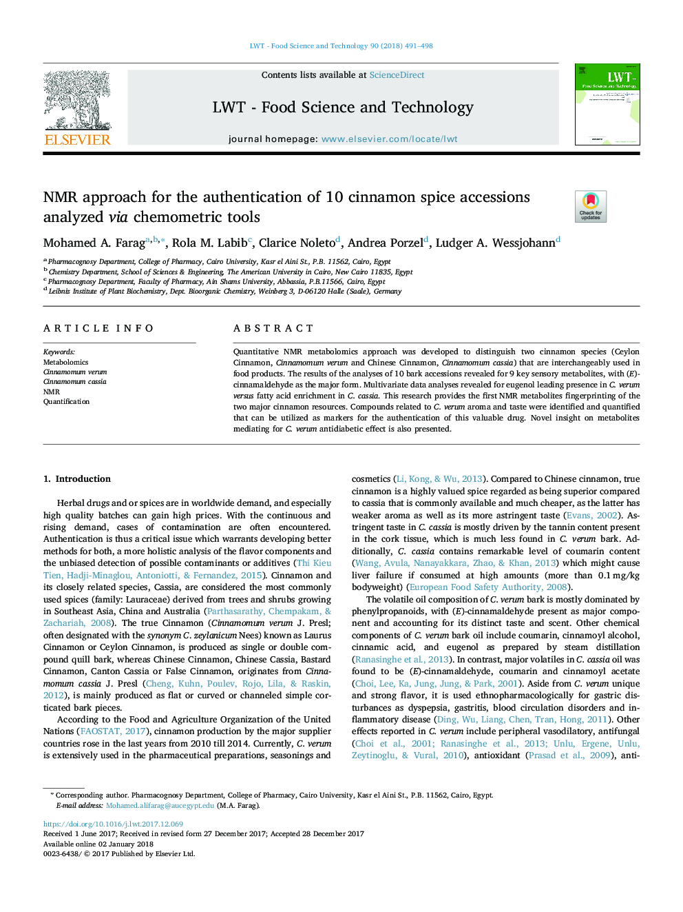 NMR approach for the authentication of 10 cinnamon spice accessions analyzed via chemometric tools