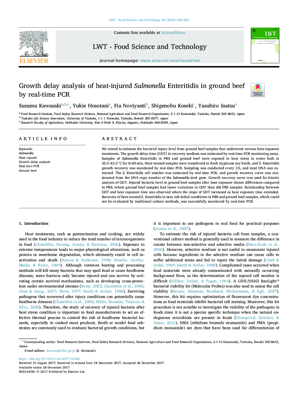 Growth delay analysis of heat-injured Salmonella Enteritidis in ground beef by real-time PCR