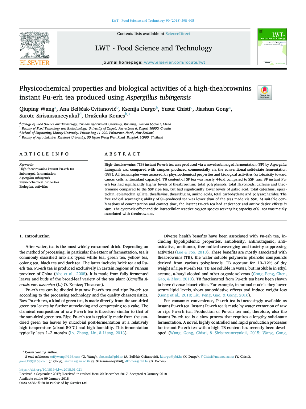 Physicochemical properties and biological activities of a high-theabrownins instant Pu-erh tea produced using Aspergillus tubingensis