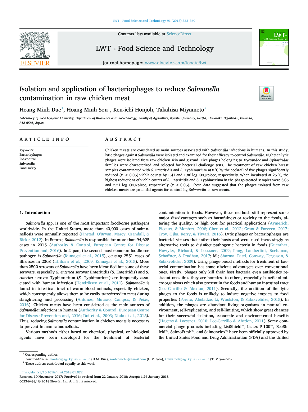 Isolation and application of bacteriophages to reduce Salmonella contamination in raw chicken meat