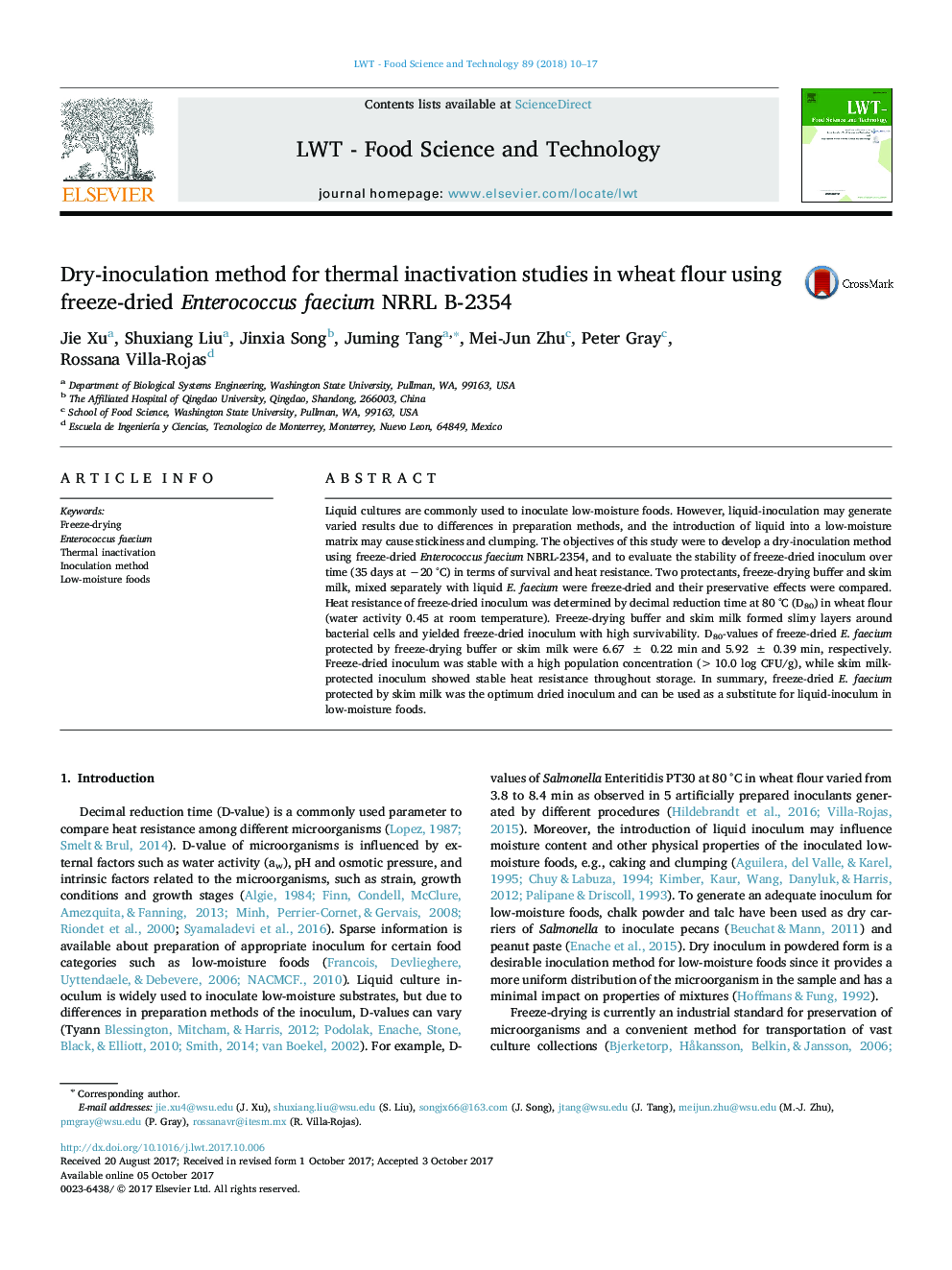 Dry-inoculation method for thermal inactivation studies in wheat flour using freeze-dried Enterococcus faecium NRRL B-2354