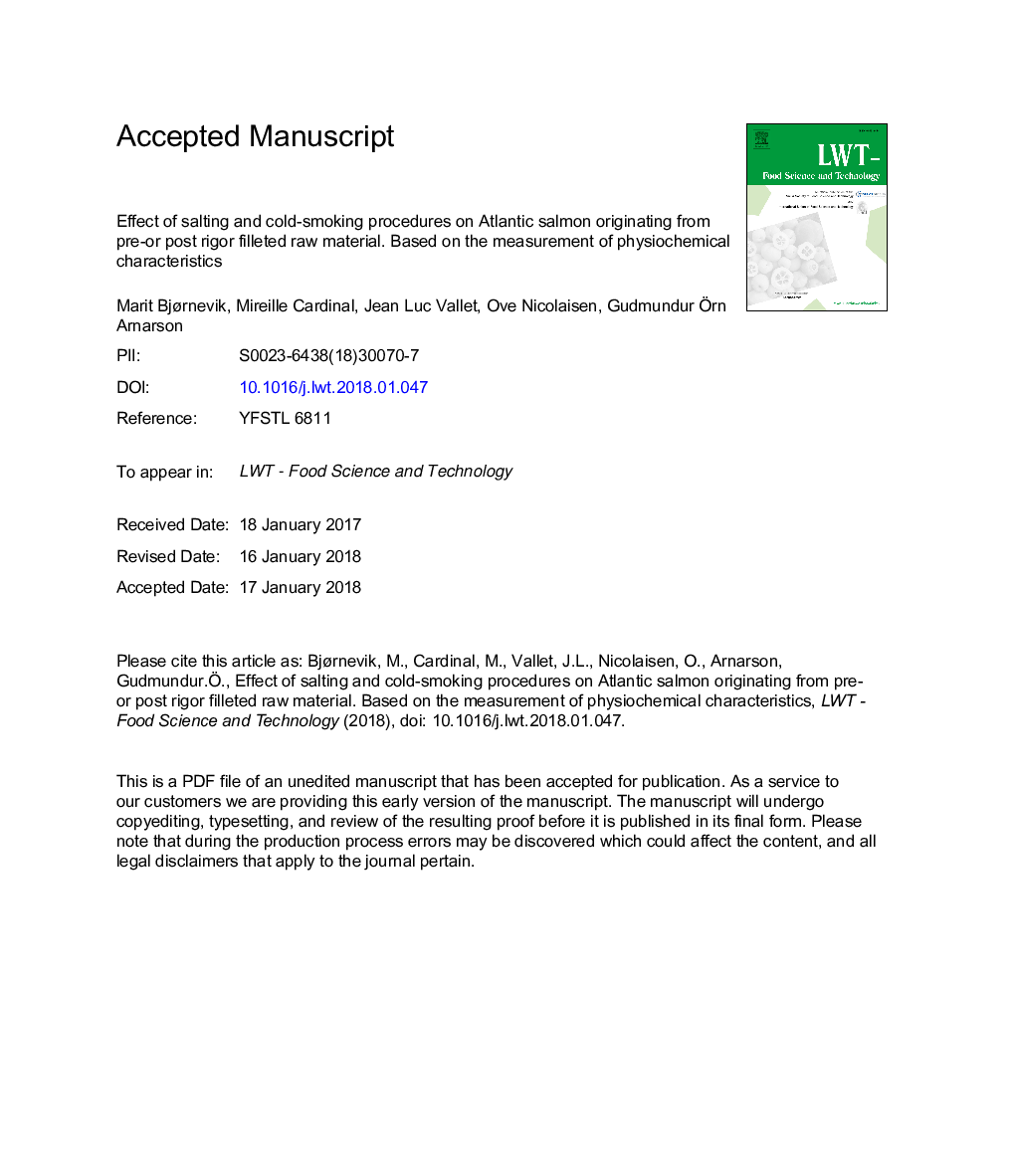 Effect of salting and cold-smoking procedures on Atlantic salmon originating from pre-or post rigor filleted raw material. Based on the measurement of physiochemical characteristics