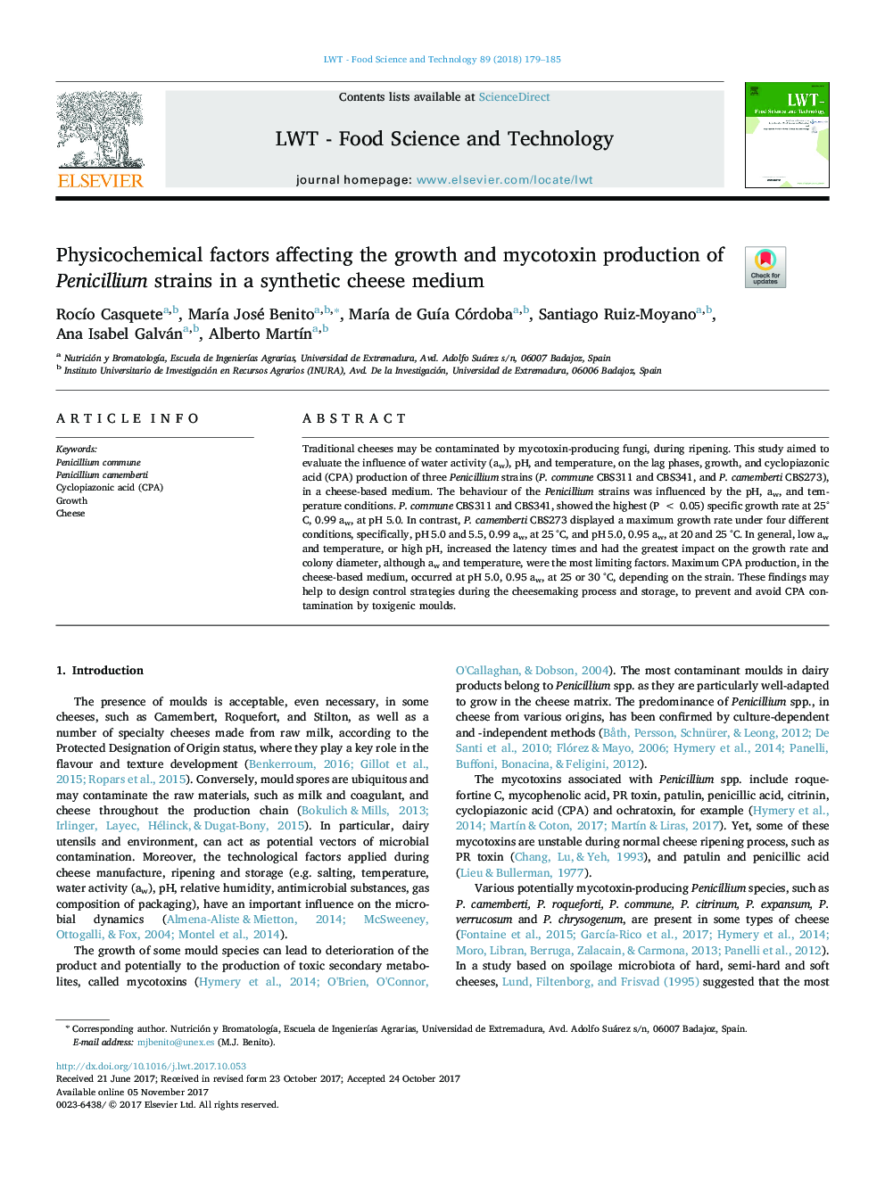 Physicochemical factors affecting the growth and mycotoxin production of Penicillium strains in a synthetic cheese medium